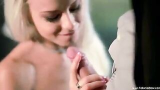 A beautiful blonde gently takes a long dick in her working mouth