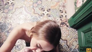 A brown-haired woman beautifully sucks a dick squatting in the toilet of an elite restaurant in Moscow