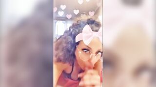 18-year-old mulatto juicy sucks dick, filming on selfie with virtual mask
