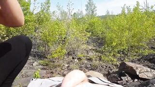 Girl make blowjob and sits on the dick with her pussy, without taking off her panties for fucking in the woods