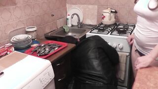 Plumber in leather jacket doggystyle fucked Russian housewife until cum inside