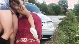 Fucks curly blonde on the hood of a car, parked on the side of the road