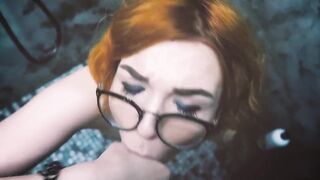 Redhead Deepbunnyhole with glasses from Russia sucks dick on her knees in the shower